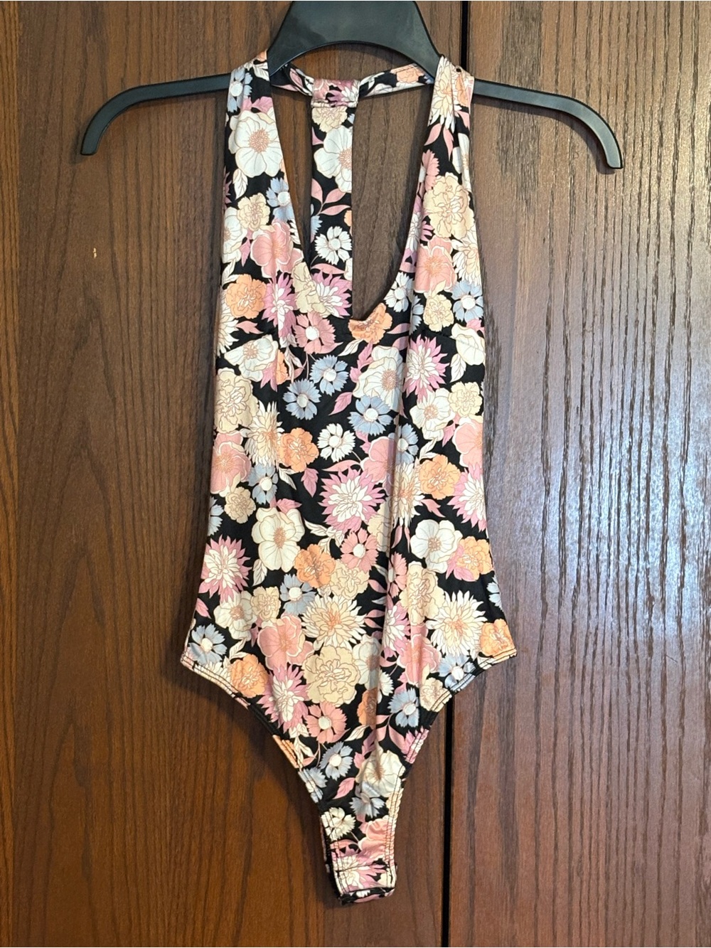 Lulus Floral Halter One-Piece Bodysuit in Black and Pastel Florals size Small